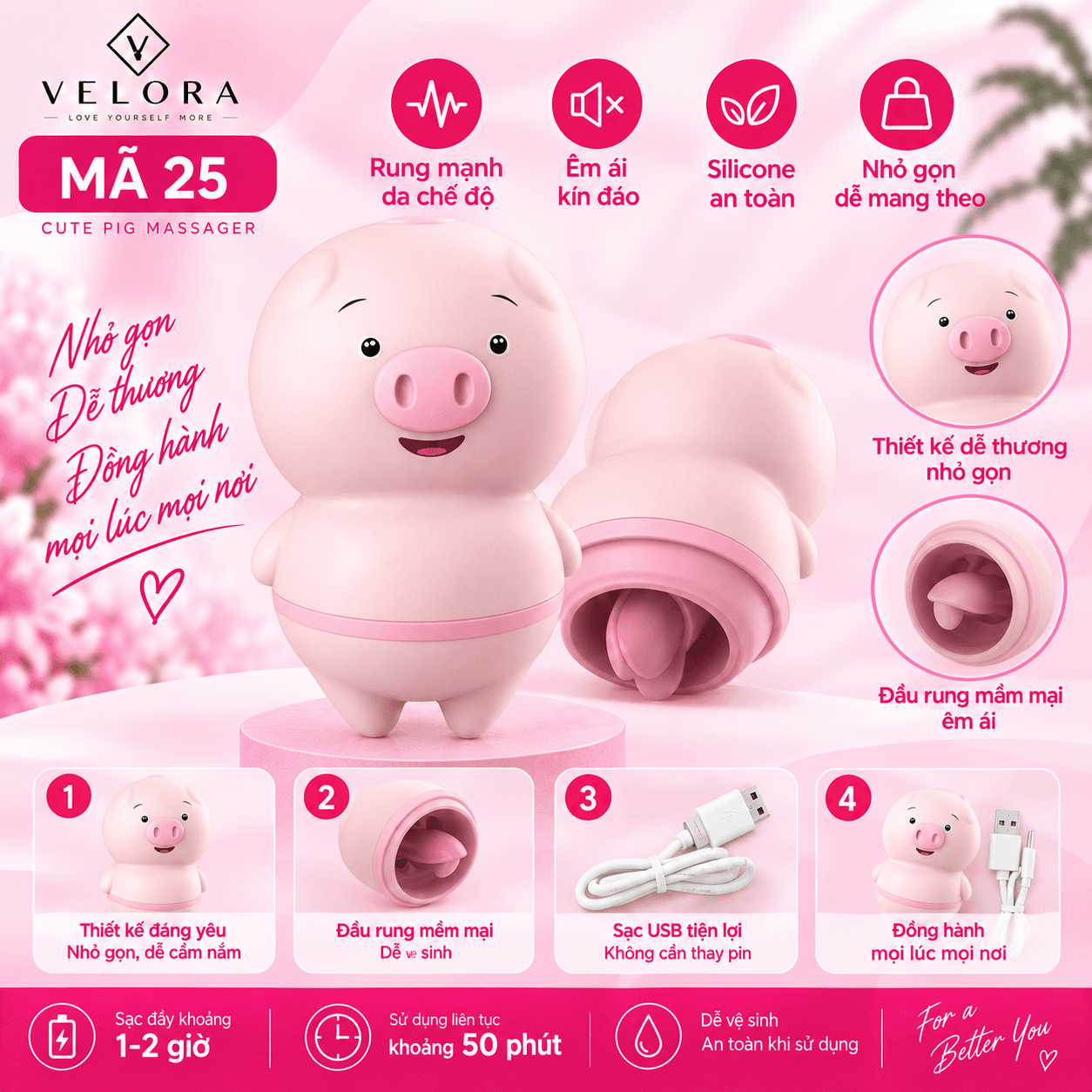 Mã 25 - Máy Rung Hình Heo Mini 6 Chế Độ